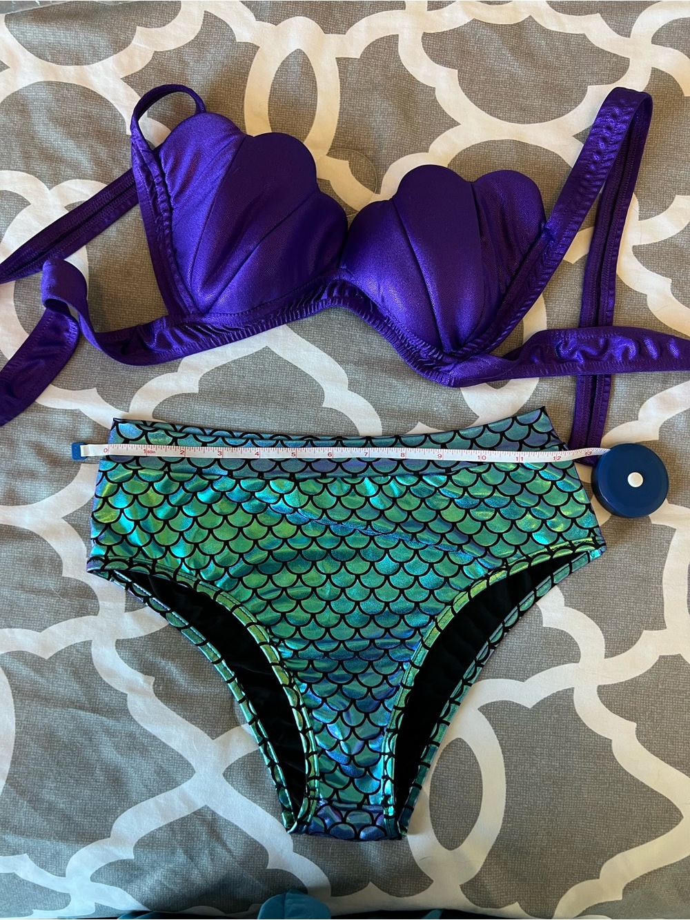 Purple Shell Bikini medium Top with Green Mermaid Scale small Bottoms